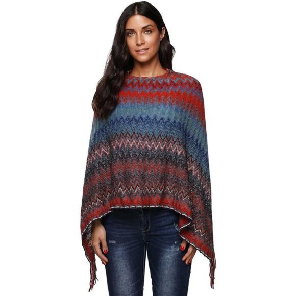 Women's Zig-Zag Knit Tassel Fringed Pullover Poncho Sweater Cape Shawl Wrap - Picture 3 of 7